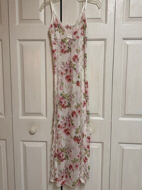 Floral Lace Trim Long Slip Nightgown - Pink Floral